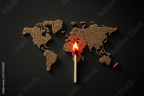 map of the world made of many little standing matchsticks on black background, the globe is one big global vivid organism, fire of social crisis can be lit with one matchstick, chain reaction concept photo