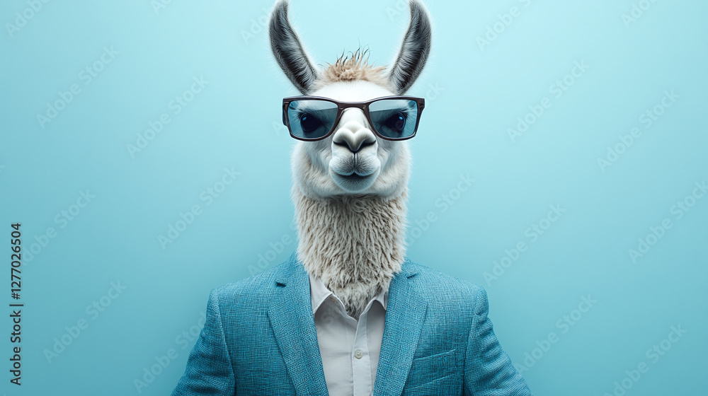 Fototapeta premium A llama wearing a suit and sunglasses on a light blue background.