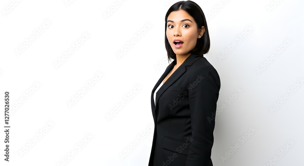 A beautiful happy woman wearing a full business suit, surprised face, isolated on a white background, side copy space A beautiful happy woman wearing a full business suit, surprised face, isolated on a white background, side copy space