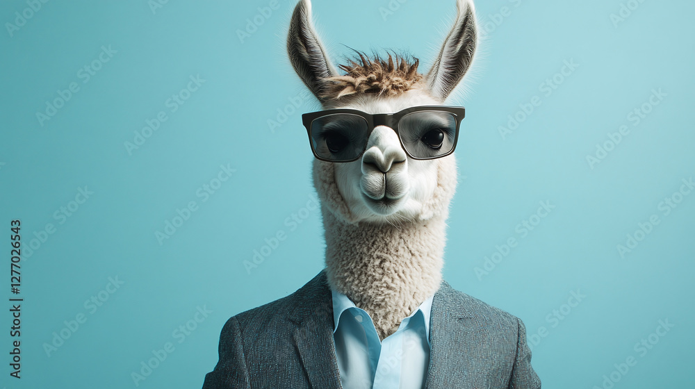 Fototapeta premium A llama wearing a suit and sunglasses on a light blue background.