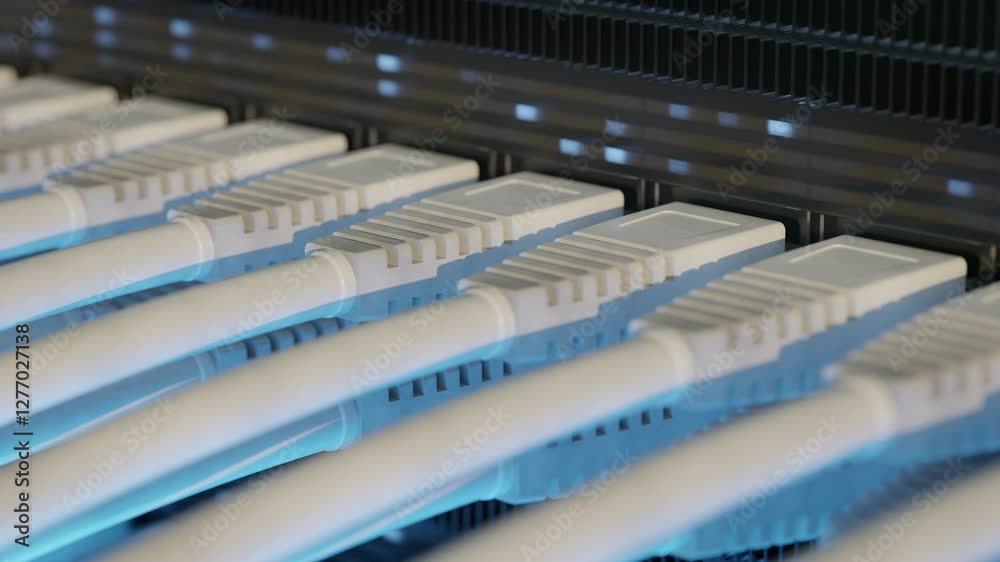 Close-up view of multiple Ethernet cables connected to a network switch, illuminated by blue LED lights. Close-up view of multiple Ethernet cables connected to a network switch, illuminated by blue LED lights.