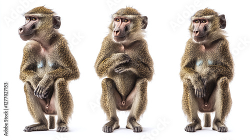 Collection of three baboon monkeys (portrait, standing, sitting), animal bundle isolated on a white background.