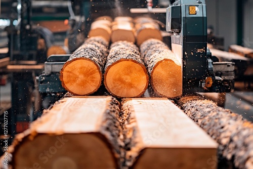 Cutting logs in a modern sawmill during the morning hours with sparks flying