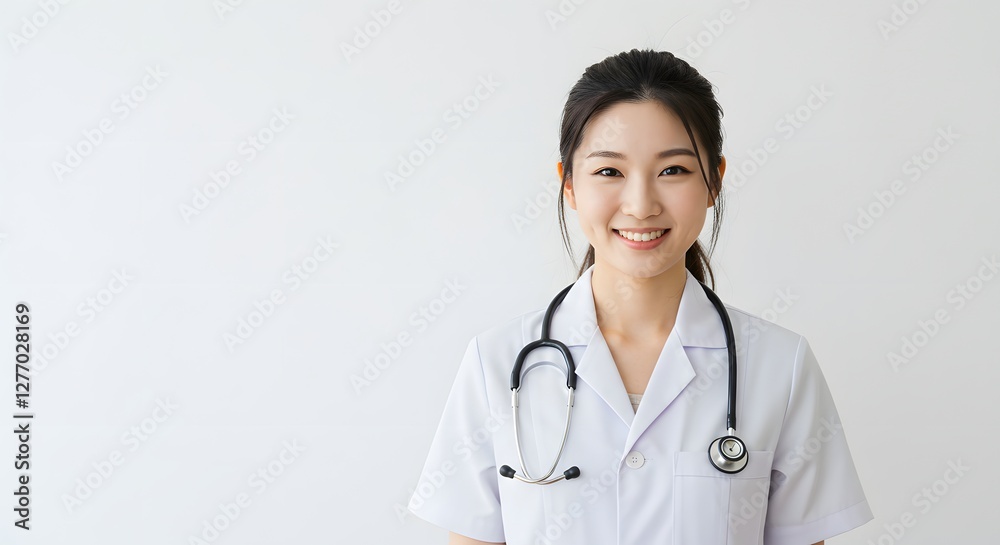 A beautiful happy female Doctor in medical uniform, full body, isolated on a white background, with copy space A beautiful happy female Doctor in medical uniform, full body, isolated on a white background, with copy space