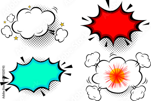 Set of colors empty comic speech bubbles stickers with cloud, stars, halftone on transparent   background. Pop art vector cartoon illustration in retro style. Design for comic book, poster, banner