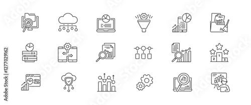 This collection of linestyle web icons illustrates key data analysis concepts like graphs, statistics, traffic patterns, and performance analytics, essential across various fields and industries