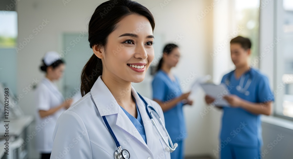 A beautiful happy female doctor in medical uniform, in a hospital with other nurses, with a little bit of blurred background with side copy space, with background sunshine A beautiful happy female doctor in medical uniform, in a hospital with other nurses, with a little bit of blurred background with side copy space, with background sunshine