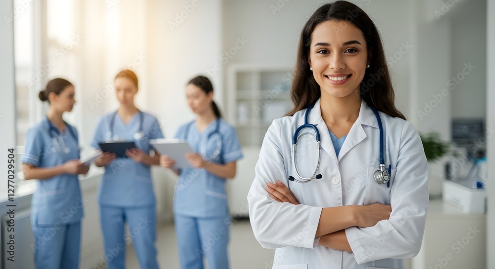 A beautiful happy female doctor in medical uniform, in a hospital with other nurses, with a little bit of blurred background with side copy space, with background sunshine A beautiful happy female doctor in medical uniform, in a hospital with other nurses, with a little bit of blurred background with side copy space, with background sunshine