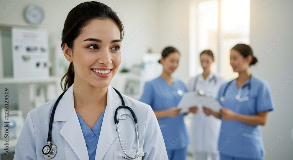 A beautiful happy female doctor in medical uniform, in a hospital with other nurses, with a little bit of blurred background with side copy space, with background sunshine A beautiful happy female doctor in medical uniform, in a hospital with other nurses, with a little bit of blurred background with side copy space, with background sunshine