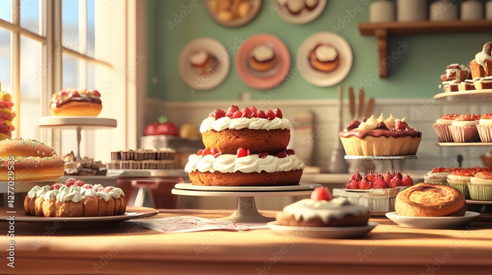 Bakery showcase: Freshly baked cakes and pastries displayed in a cozy, inviting dessert shop setting. Bakery showcase: Freshly baked cakes and pastries displayed in a cozy, inviting dessert shop setting.