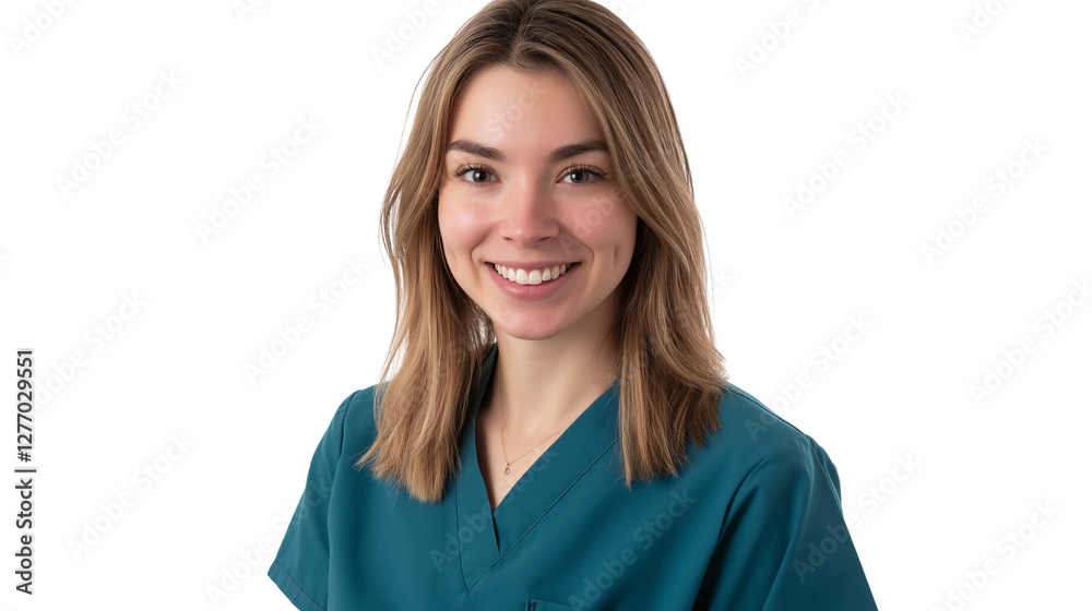 Friendly young nurse in a modern teal uniform, warm and professional smile, looking directly at the camera, isolated PNG, Friendly young nurse in a modern teal uniform, warm and professional smile, looking directly at the camera, isolated PNG,