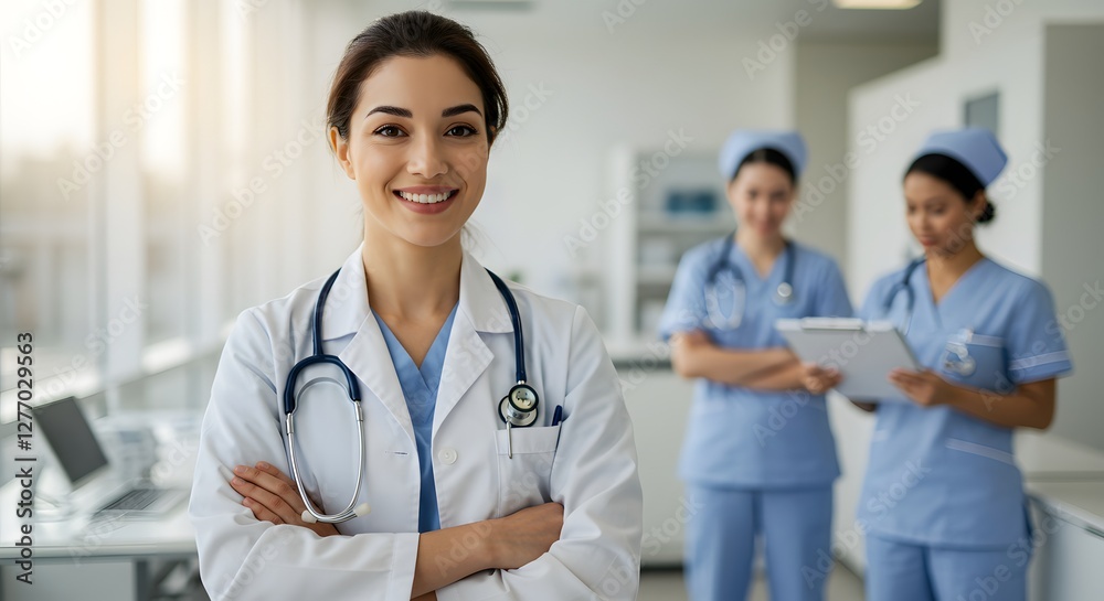 A beautiful happy female doctor in medical uniform, in a hospital with other nurses, with a little bit of blurred background with side copy space, with background sunshine A beautiful happy female doctor in medical uniform, in a hospital with other nurses, with a little bit of blurred background with side copy space, with background sunshine