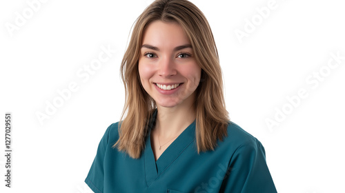 Friendly young nurse in a modern teal uniform, warm and professional smile, looking directly at the camera, isolated PNG,