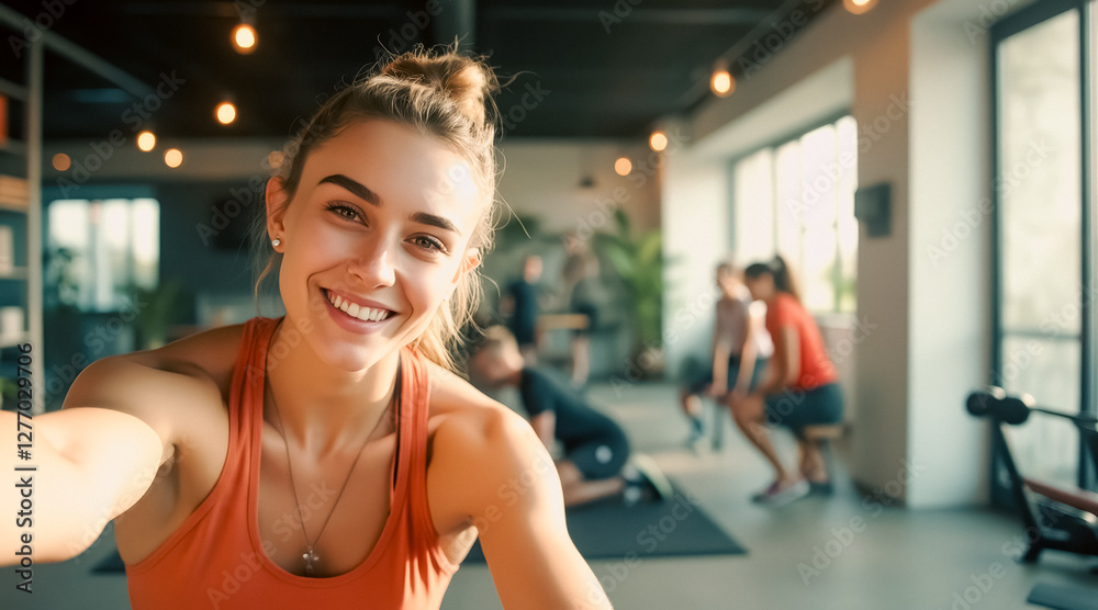 Fototapeta premium smiling woman taking a selfie at a fitness studio