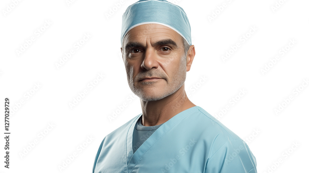 Experienced male surgeon in a light blue scrub uniform, wearing a protective cap, serious and focused look, isolated PNG Experienced male surgeon in a light blue scrub uniform, wearing a protective cap, serious and focused look, isolated PNG