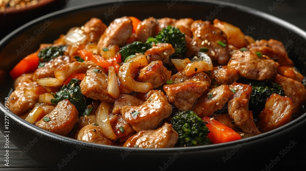 Stir-Fried Pork with Vegetables and Sauce Garnished with Green Onions. Generative AI Stir-Fried Pork with Vegetables and Sauce Garnished with Green Onions. Generative AI