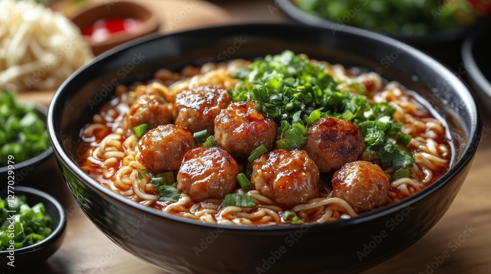 Delicious Meatball Ramen in Broth with Green Onions. Generative AI Delicious Meatball Ramen in Broth with Green Onions. Generative AI
