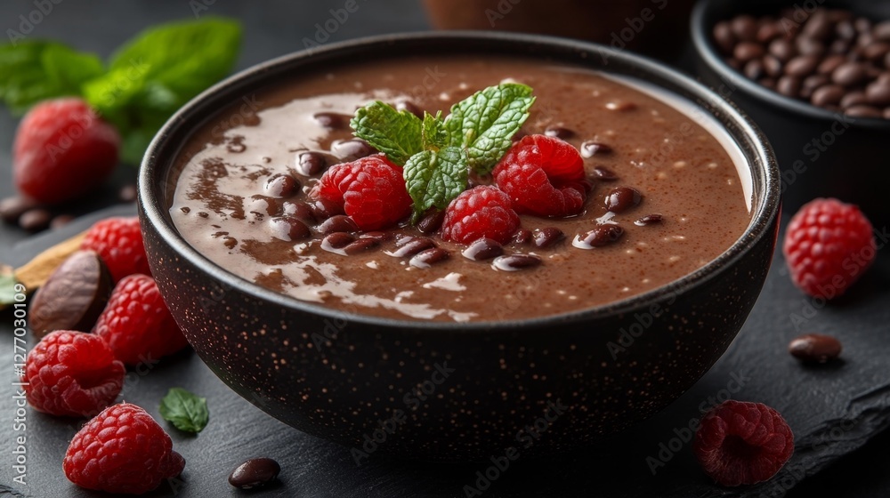 Chocolate dessert with raspberries mint and beans in a bowl. Generative AI Chocolate dessert with raspberries mint and beans in a bowl. Generative AI