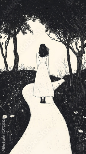 A woman stands on the edge of an ink-drawn path, her back to us and gazing at trees with black dots in them
