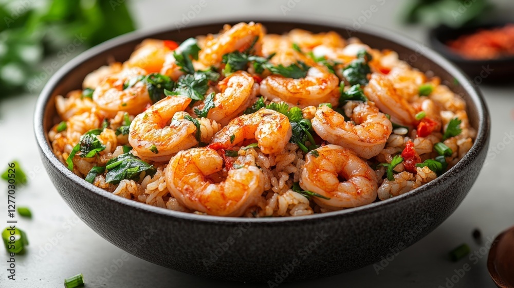 Delicious Shrimp Fried Rice with Fresh Spinach and Garnish. Generative AI Delicious Shrimp Fried Rice with Fresh Spinach and Garnish. Generative AI
