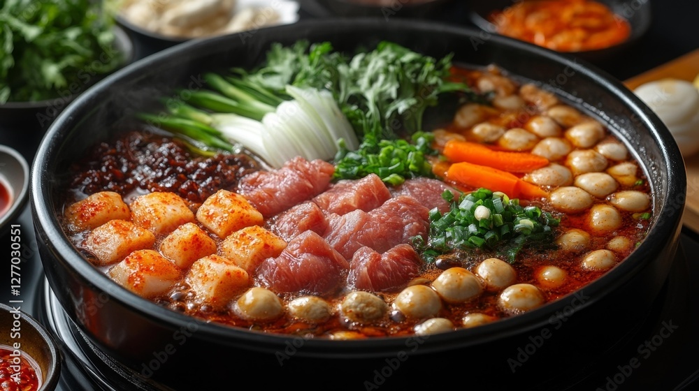 Hot Pot with Assorted Meats and Vegetables in Spicy Broth. Generative AI Hot Pot with Assorted Meats and Vegetables in Spicy Broth. Generative AI