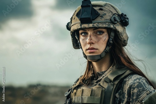 Female soldier in tactical gear and helmet standing on the battlefield with a determined look, cinematic military photography 
