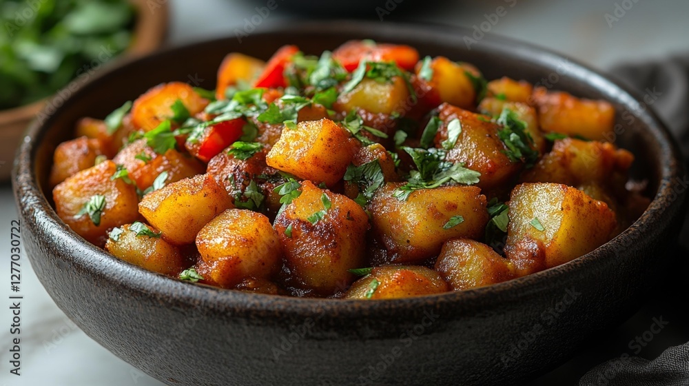 Delicious Spiced Potatoes with Fresh Coriander Garnish. Generative AI Delicious Spiced Potatoes with Fresh Coriander Garnish. Generative AI