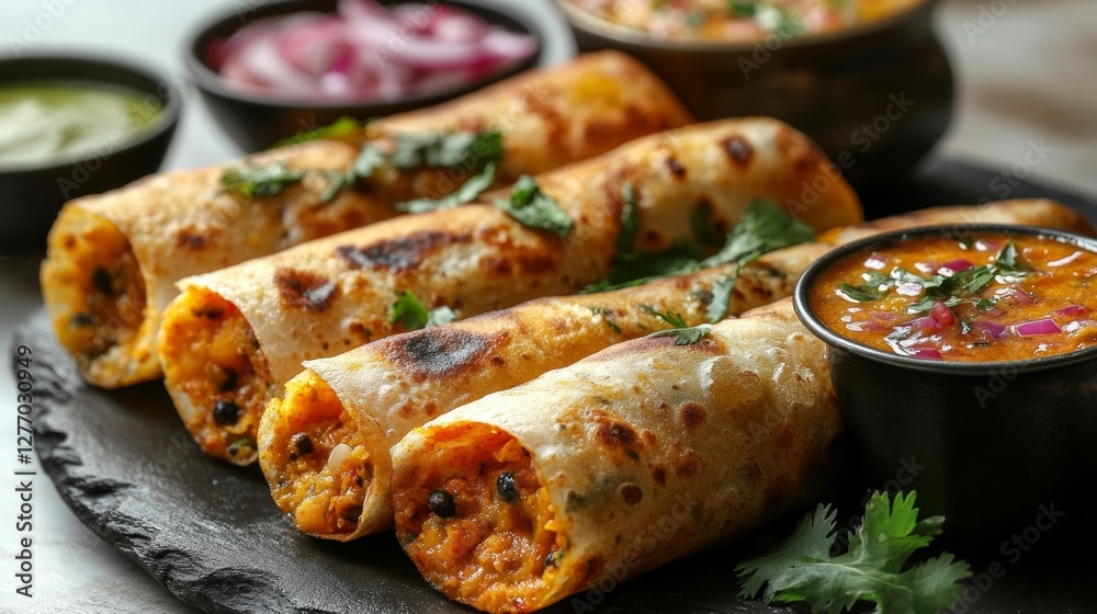 Freshly Made Chapati Rolls with Spicy Sauces and Garnish. Generative AI Freshly Made Chapati Rolls with Spicy Sauces and Garnish. Generative AI