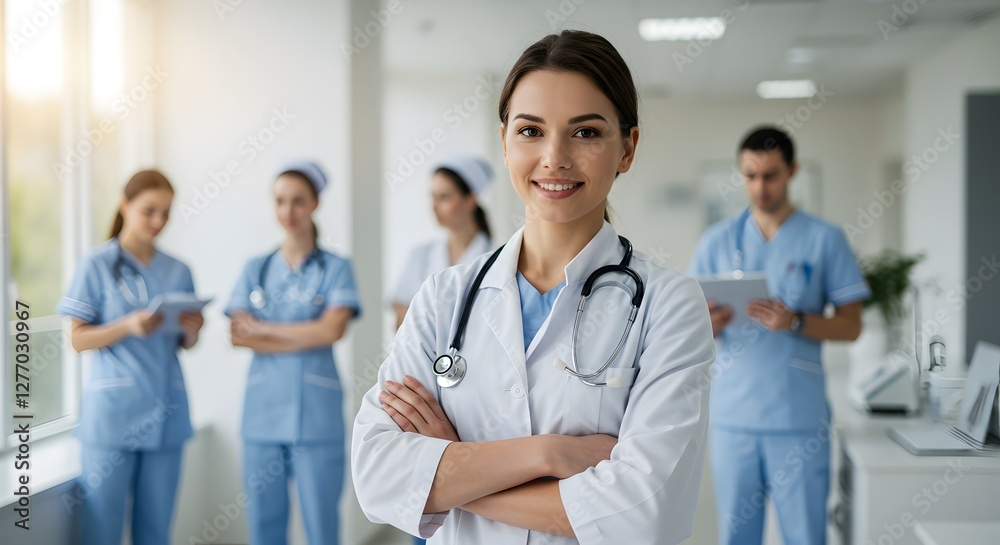 A beautiful happy female doctor in medical uniform, in a hospital with other nurses, with a little bit of blurred background with side copy space, with background sunshine A beautiful happy female doctor in medical uniform, in a hospital with other nurses, with a little bit of blurred background with side copy space, with background sunshine