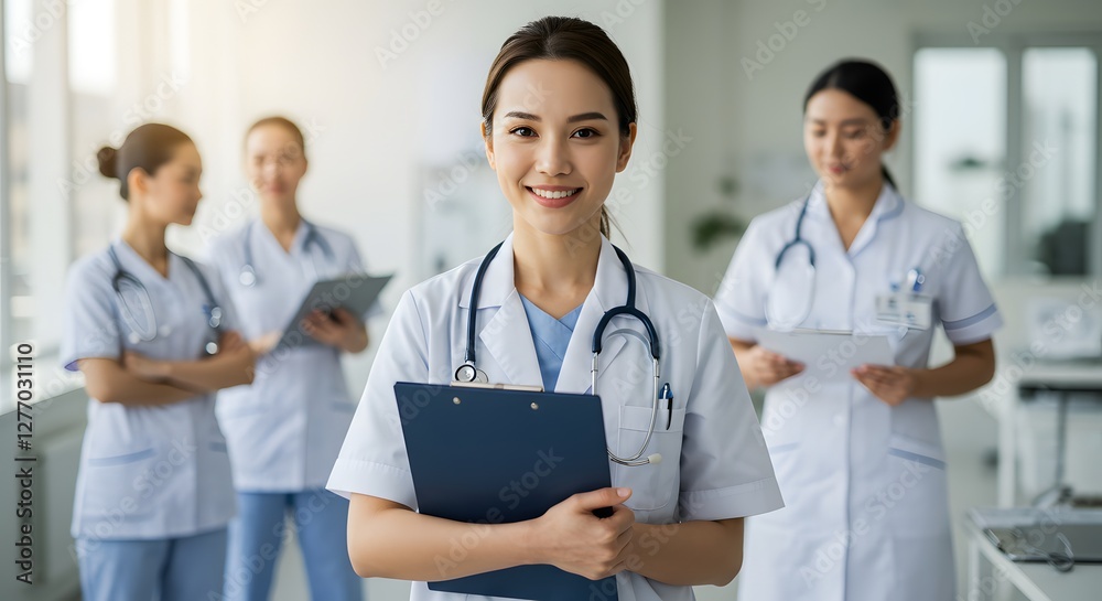 A beautiful happy female doctor in medical uniform, in a hospital with other nurses, with a little bit of blurred background with side copy space, with background sunshine A beautiful happy female doctor in medical uniform, in a hospital with other nurses, with a little bit of blurred background with side copy space, with background sunshine
