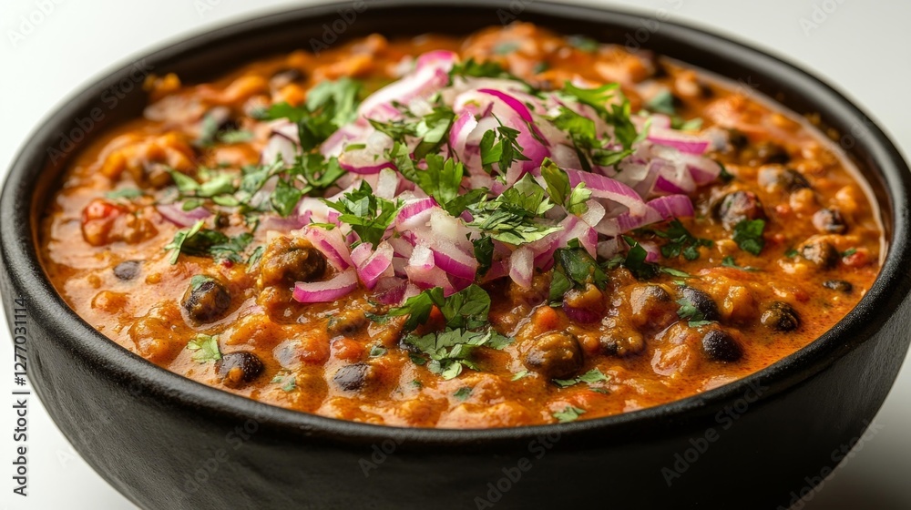 Spicy Black Chickpea Curry Garnished with Fresh Onions. Generative AI Spicy Black Chickpea Curry Garnished with Fresh Onions. Generative AI