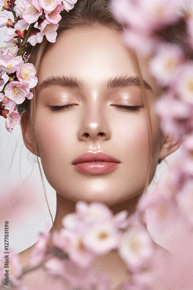 Porträt einer jungen Frau mit geschlossenen Augen, umgeben von rosa Frühlingsblüten. Ihr Ausdruck wirkt ruhig, sinnlich und natürlich – ideal für Beauty und Naturkosmetik. Generative KI. Porträt einer jungen Frau mit geschlossenen Augen, umgeben von rosa Frühlingsblüten. Ihr Ausdruck wirkt ruhig, sinnlich und natürlich – ideal für Beauty und Naturkosmetik. Generative KI.