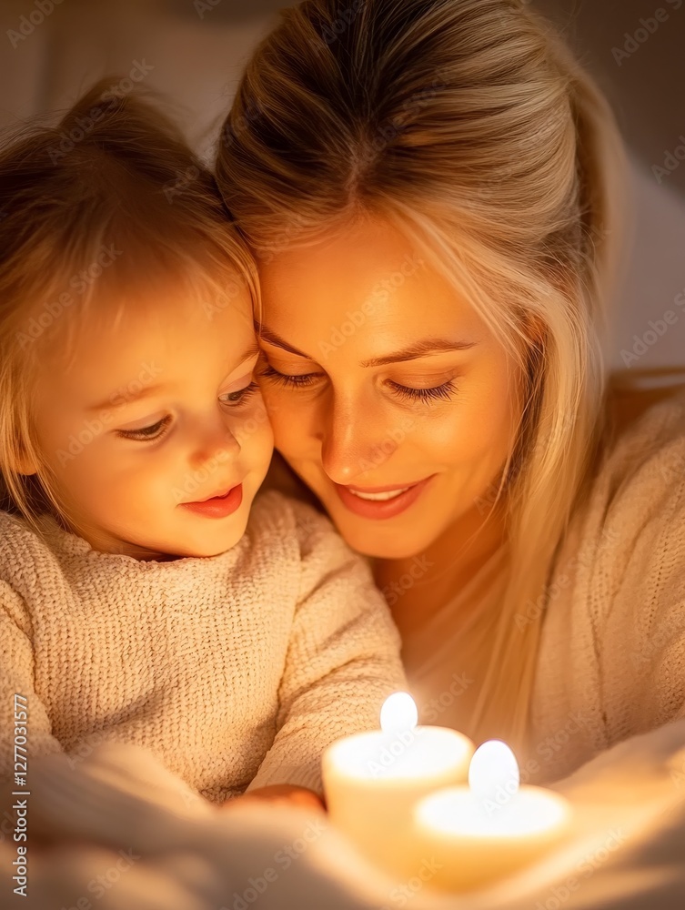 A loving mother and her toddler daughter cuddle close, sharing a tender moment illuminated by the warm glow of candles A loving mother and her toddler daughter cuddle close, sharing a tender moment illuminated by the warm glow of candles