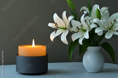 A tranquil setting featuring a glowing candle in a sleek holder, accompanied by a simple white vase filled with fresh lilies. This arrangement evokes calmness and sophistication