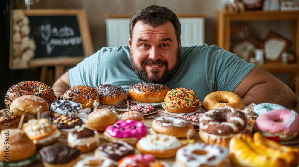 Fat angry man sitting at table with fast food. Unhealthy eating concept. Fat angry man sitting at table with fast food. Unhealthy eating concept.