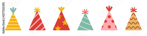 Vector happy birthday party hats set. Cute party caps in flat design. Festive elements. Collection of birthday party cones.