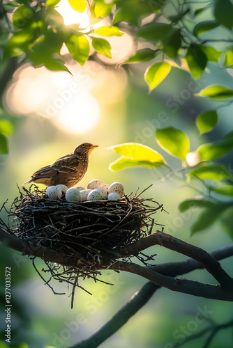 Nature's Nest: The Tender Vigilance of a Nesting Bird Amid Sunlit Serenity Unveiled in a Forest Canopy photo