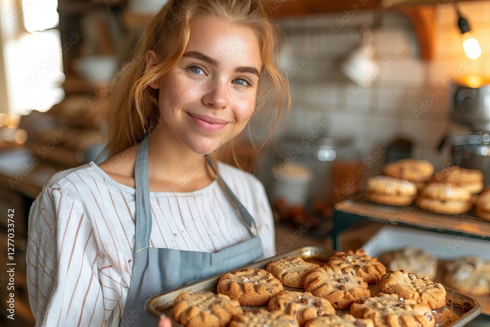 Title: Joyful Young Woman Making Homemade Cookies in the Kitchen Title: Joyful Young Woman Making Homemade Cookies in the Kitchen