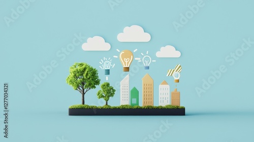 Urban innovation cityscape with nature and light bulbs modern environment creative viewpoint conceptual design