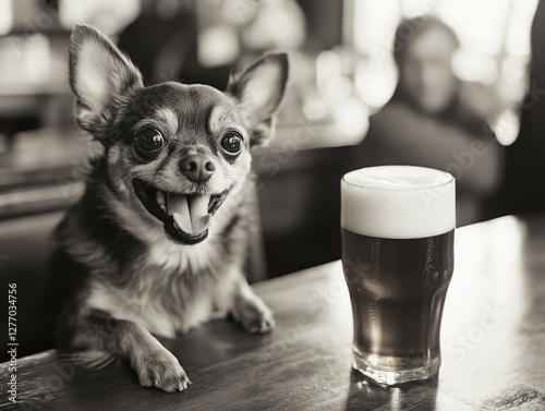 Smiling dog with beer at a pub photo