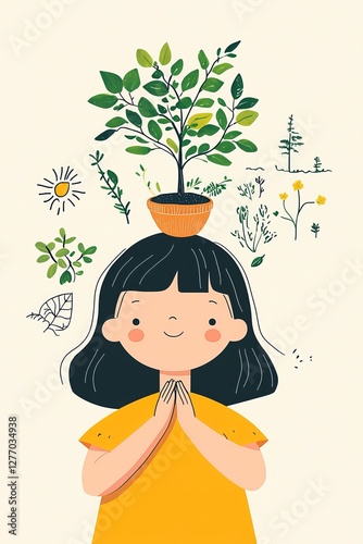 Growing green a girl nurtures nature at home illustrated art cheerful environment whimsical viewpoint