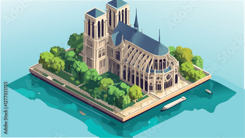 The Iconic Notre Dame Cathedral in Isometric Style .eps