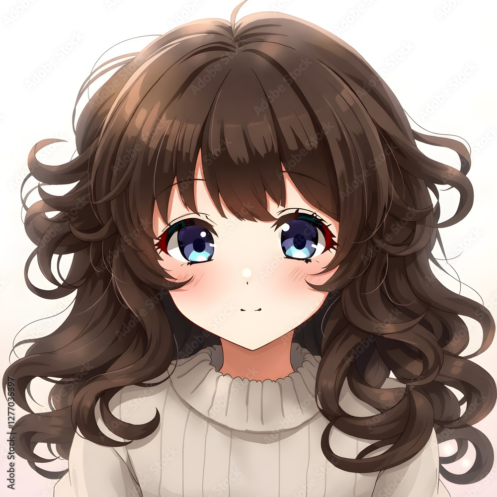 Encantadora chica anime de cabello rizado oscuro y ojos azules brillantes Encantadora chica anime de cabello rizado oscuro y ojos azules brillantes