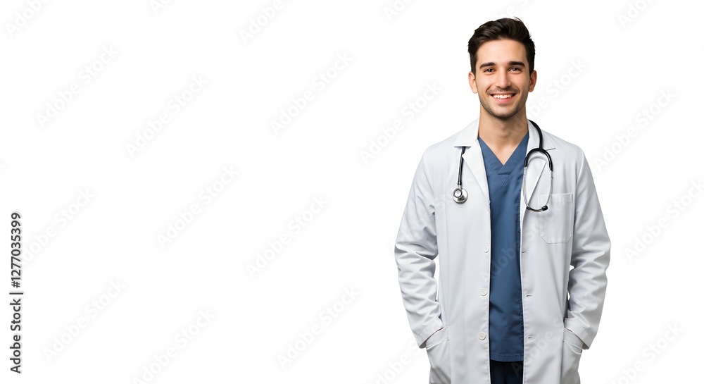 A happy handsome doctor in medical uniform, full body, isolated on a white background, with copy space A happy handsome doctor in medical uniform, full body, isolated on a white background, with copy space