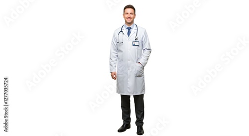 A happy handsome doctor in medical uniform, full body, isolated on a white background, with copy space