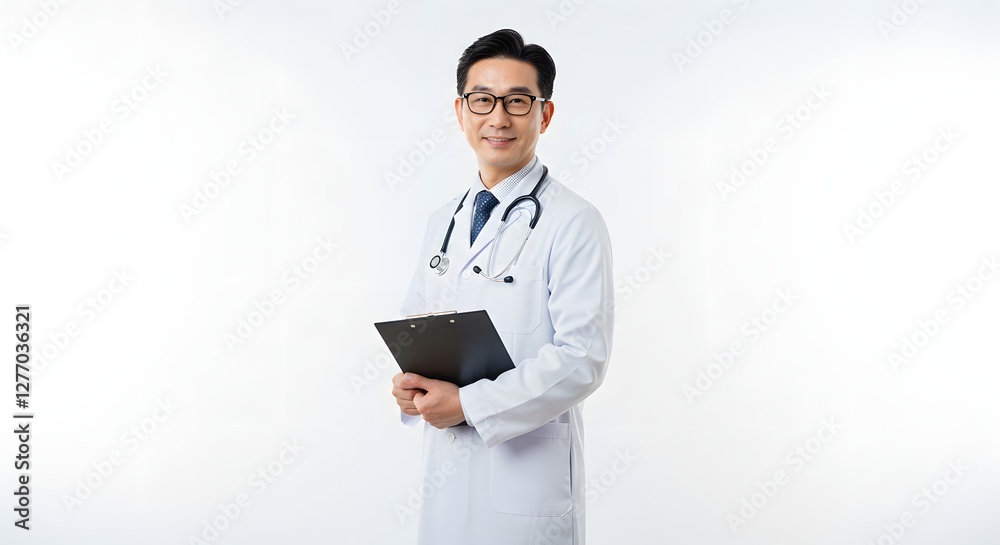 A happy handsome doctor in medical uniform, full body, isolated on a white background, with copy space A happy handsome doctor in medical uniform, full body, isolated on a white background, with copy space