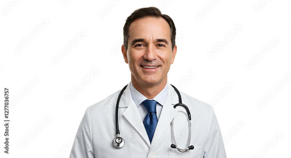 A happy handsome doctor in medical uniform, full body, isolated on a white background, with copy space A happy handsome doctor in medical uniform, full body, isolated on a white background, with copy space