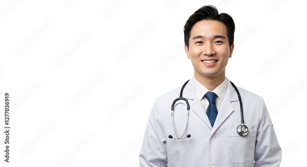 A happy handsome doctor in medical uniform, full body, isolated on a white background, with copy space A happy handsome doctor in medical uniform, full body, isolated on a white background, with copy space