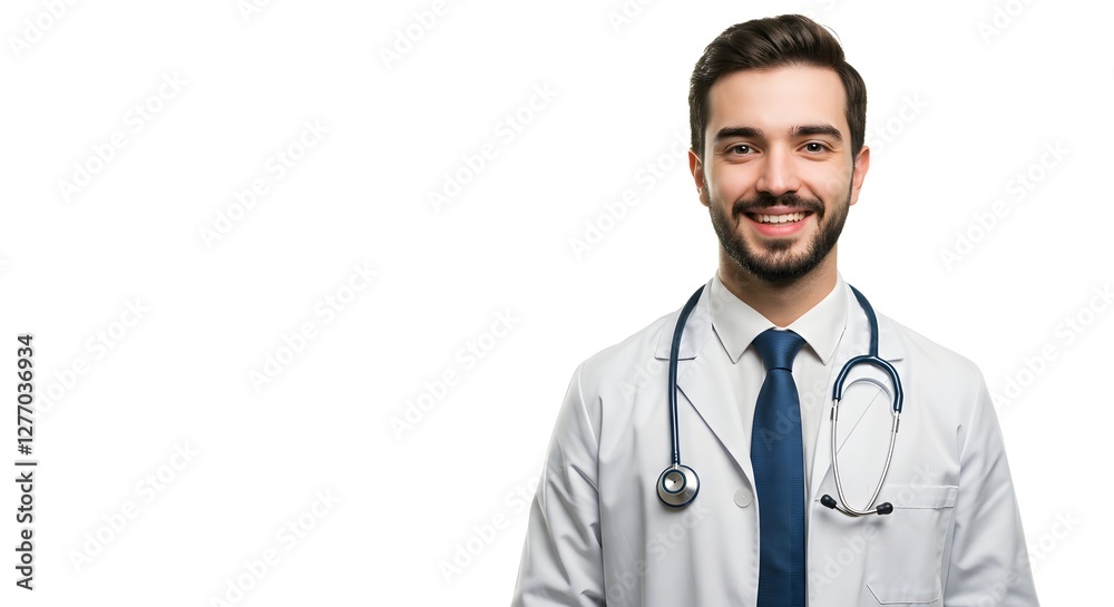 A happy handsome doctor in medical uniform, full body, isolated on a white background, with copy space A happy handsome doctor in medical uniform, full body, isolated on a white background, with copy space