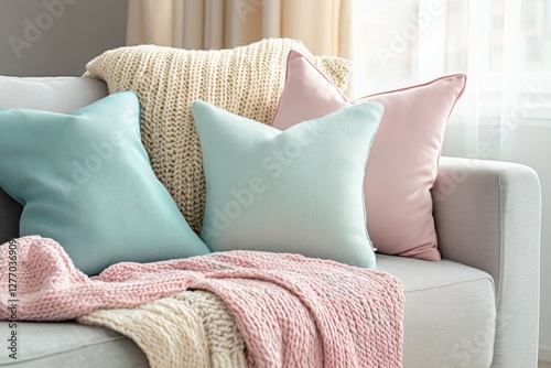 A light grey sofa adorned with soft pastel cushions and a knitted blanket invites comfort. The setting has a bright and airy feel, perfect for relaxation during the day